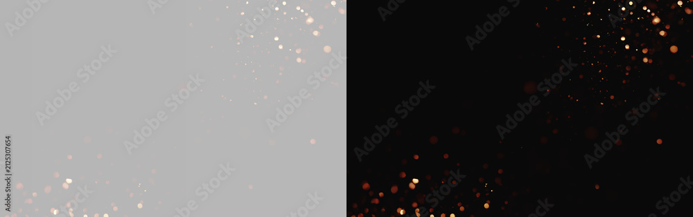 Obraz premium Golden Bokeh Dust Particles Corner Frame Overlay Effect Isolated on Grey and Black Backgrounds