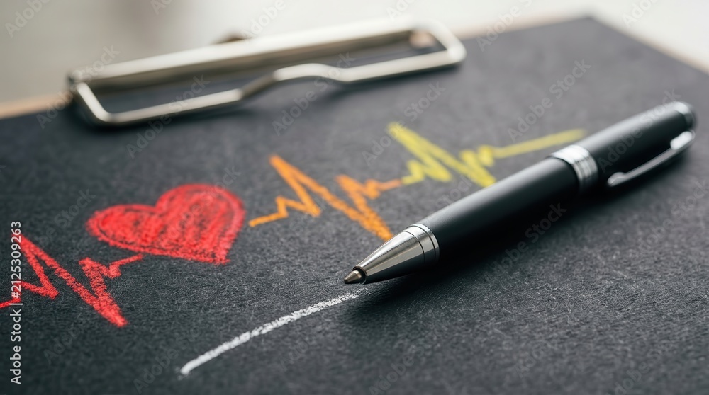 Fototapeta premium Hand drawn heart and heartbeat pulse on black paper representing health and safety audit.