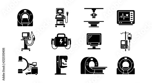 Medical Equipment Icons, Diagnostic Machines, Healthcare Technology Vector Set