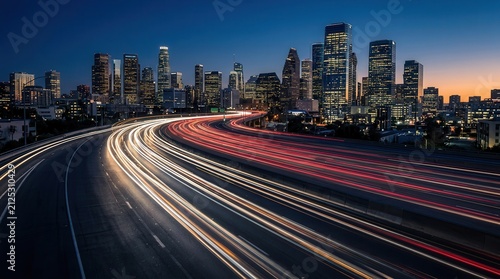 Fast moving traffic creates colorful light trails on a busy highway in the night city.