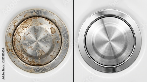 Transformation of a dirty stainless metal drain cover to shiny clean surface.
