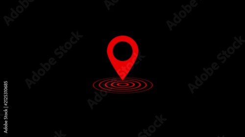 Animated red map location pin with pulsing radar circles on a clean black background, digital navigation, gps tracking, travel apps, and modern user interface