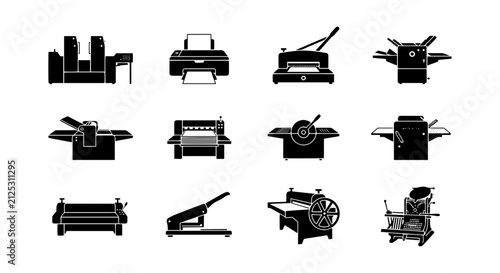 Obraz na plátně Printing Press Equipment Icons, Offset Lithography Machines, Paper Cutters, Bind