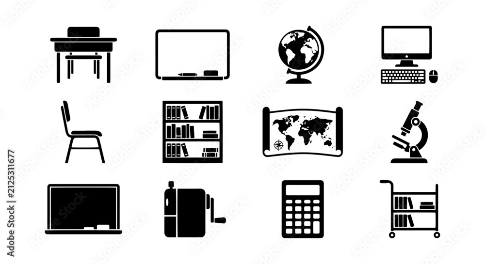 Fototapeta premium School and Office Supplies Icons, Education and Learning Vector Elements, Study and Work Equipment Set