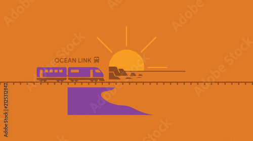 Coastal Railway Train Commuting at Sunrise, Ocean Link Transit Illustration on Orange Background