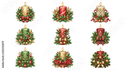 Set of nine festive christmas wreaths decorated with ornaments and ribbons