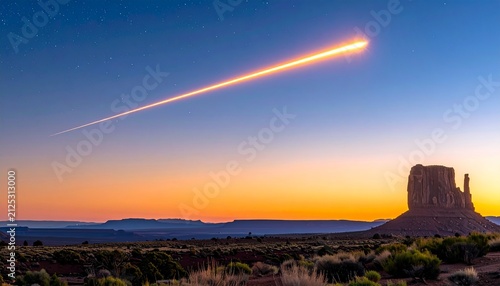 Bright Meteor Fireball Streaking Across Twilight Sky Above Mountains