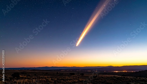 Bright Meteor Fireball Streaking Across Twilight Sky Above Mountains