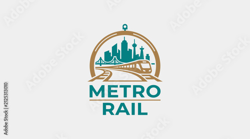 Metro Rail Transport Logo Emblem with Modern High-Speed Train and Urban City Skyline Background