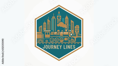 Vintage Steam Train Journey Lines Emblem with Urban City Skyline and Big Ben Clock Tower Vector