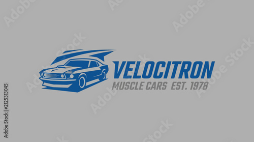 Vintage Blue Muscle Car Logo Design for Velocitron Automotive Brand Established in 1978