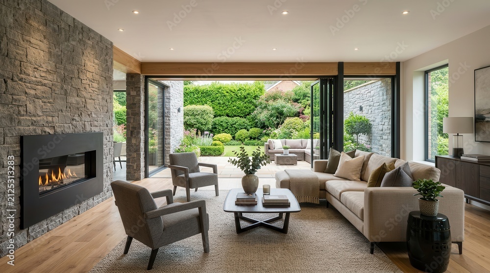 Fototapeta premium Luxury UK home renovation with large bifold doors and new interior wall opening.