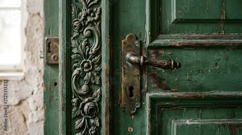 Antique Green Door with Ornate Metal Handle and Carved Floral Detail