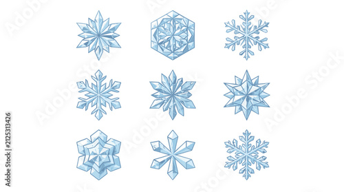 Collection of various detailed blue snowflakes with intricate patterns