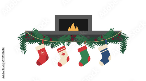 Decorative fireplace mantel with christmas stockings and festive greenery