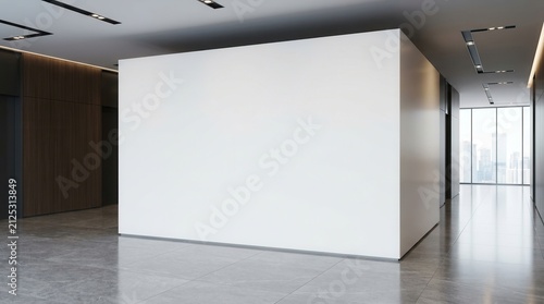 A 3D rendering of a blank white wall in a modern corporate office interior.