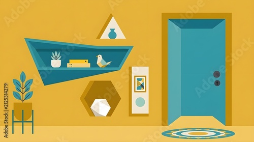 Minimalist Interior Scene with Blue Door Shelf and Geometric Decor