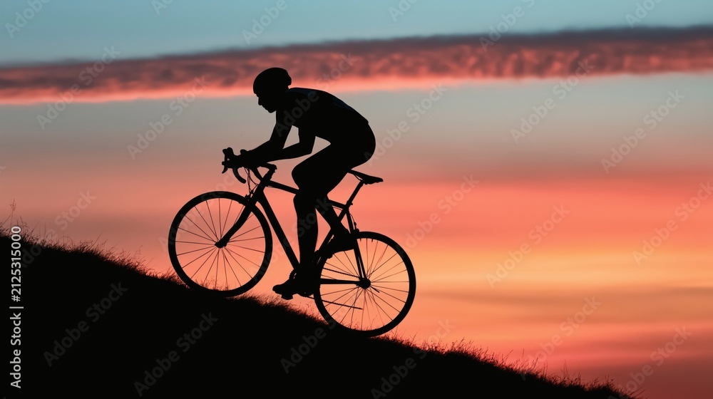Fototapeta premium Silhouette of a cyclist riding a road bike uphill against a sunset sky