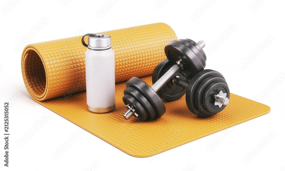 Fototapeta premium Exercise mat with gym dumbbells weights and water bottle - Fitness, gym concept