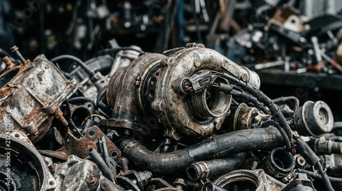 Close up of various old engine components left abandoned.