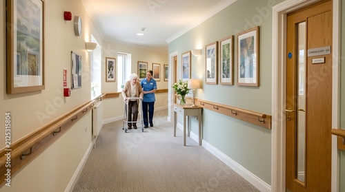 Nurse Assists Elderly Woman with Walker in Care Home Hallway