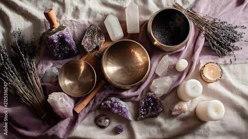 Soothing sound bath setup with singing bowls, amethyst crystal clusters, selenite wands, dried lavender bundles and white candles arranged on linen for relaxation
