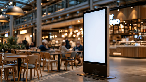 Modern digital signage totem with seamless blank white screen near mall food court, softly blurred seating areas, warm ambient lighting, ultra-realistic commercial photography, ret