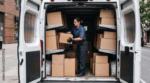 Delivery worker places boxes in a van on a city street during the day