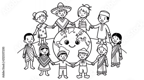 Multicultural Children Holding Hands Around Earth Coloring Page