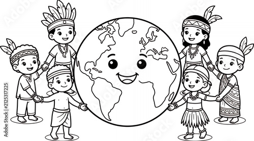 Multicultural Children Holding Hands Around Earth Coloring Page