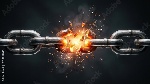Conceptual image of a supply chain security breach featuring a glowing fractured metal chain link.
