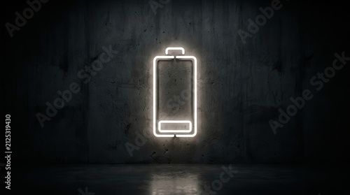 A glowing low battery icon mounted on a dark wall conveying a need to recharge.