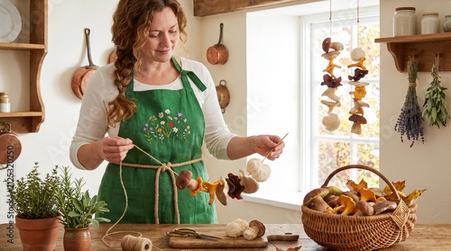 A cook hanging forest goods as a woman drying mushrooms in a rustic pantry for sustainable living blogs.
