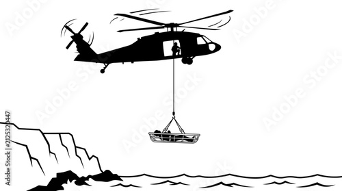 Canvastavla Helicopter performing a search and rescue operation at sea.