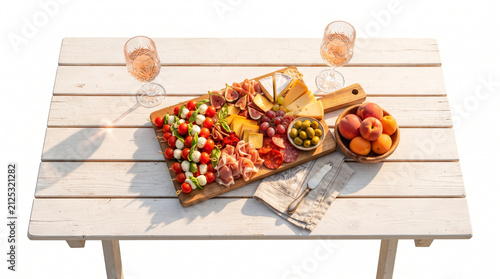 Charcuterie board displays assorted cheese and snacks on a white wooden table.