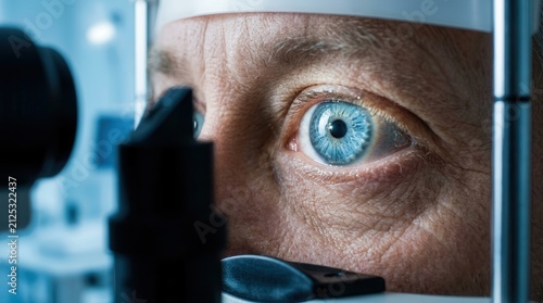 Ophthalmology clinic slit lamp examination showing a close up view of a male blue eye and iris.