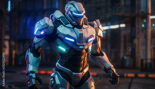 Cyber Style Futuristic Combat Armor with Glowing LED Powered Exosuit in Sci-Fi Industrial Environment