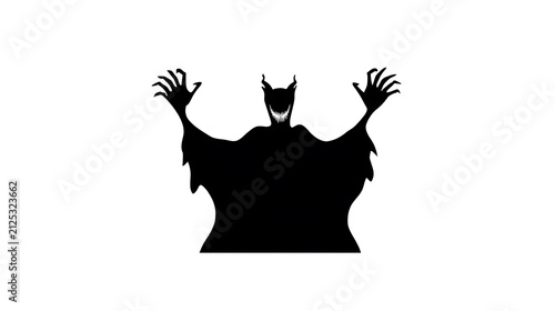 A silhouetted demonic figure with a sinister grin and outstretched arms, evoking fear and malevolence