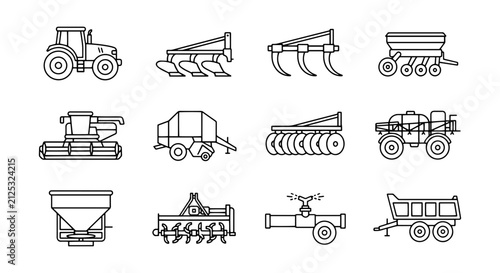 Bild auf Leinwand Farm Equipment Icons Set, Agricultural Machinery Vector Graphics, Rural Industry