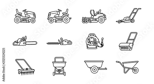 Foto Gardening Equipment Icons: Lawn Mowers, Chainsaws, Tillers, Wheelbarrows, Vector
