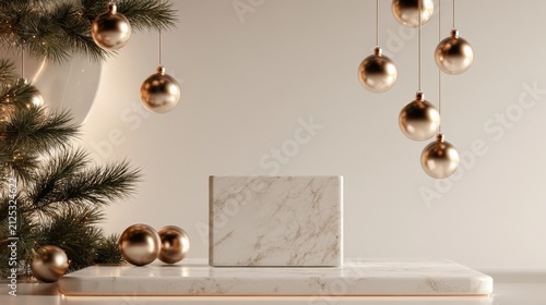 Minimal white podium with hanging golden ornaments and evergreen branches, festive product display background, Christmas, New Year.	
