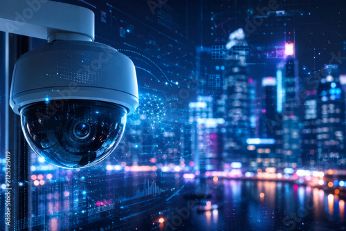 Security camera monitoring smart city with artificial intelligence. Digital surveillance system with data analysis and network connectivity. Futuristic urban protection and monitoring technology.