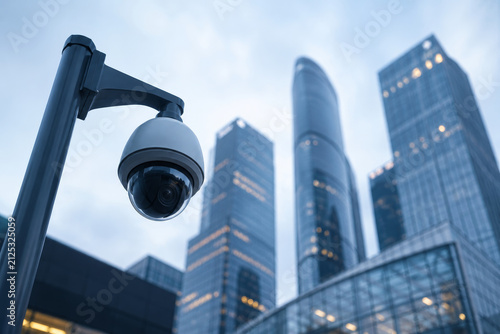 Security camera monitoring city skyscraper. Surveillance system for public safety and urban crime prevention. Digital video protection technology in modern downtown business district.