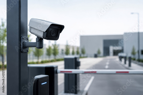 Security camera monitoring entrance of industrial facility. Automated vehicle gate with surveillance system. Modern protection technology for access control and site safety management.