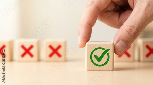Approve and disapprove symbols on wooden blocks representing do and don't decisions.