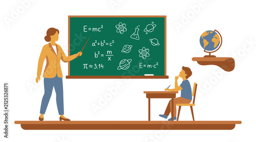 A professional female instructor teaching physics and science lessons to a young student in a classroom setting with an educational blackboard