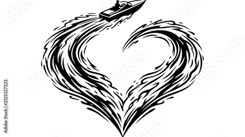 A motorboat creating a heart shape with its wake in black and white line art style.