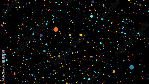 Abstract background, with scattered multicolored, circular particles of, varying sizes floating, against a deep, solid black backdrop space