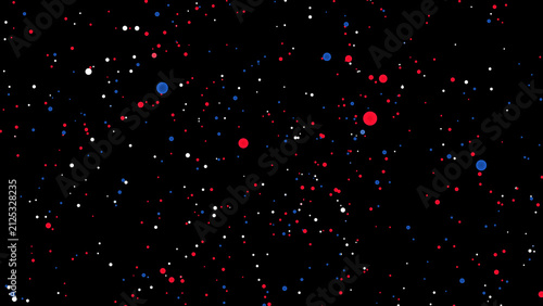 Abstract background, with small red, blue, and white, circular particles scattered, against a deep, solid black backdrop, in space