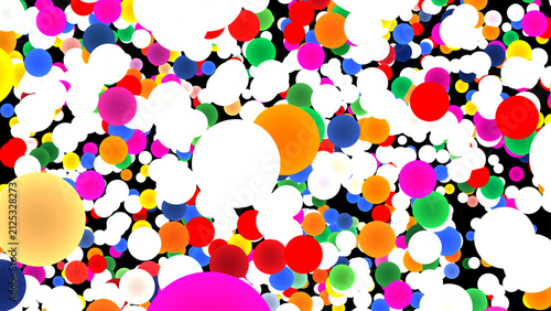 Abstract background, filled with large, and small multicolored, circular shapes floating, against a deep, solid black backdrop, in space